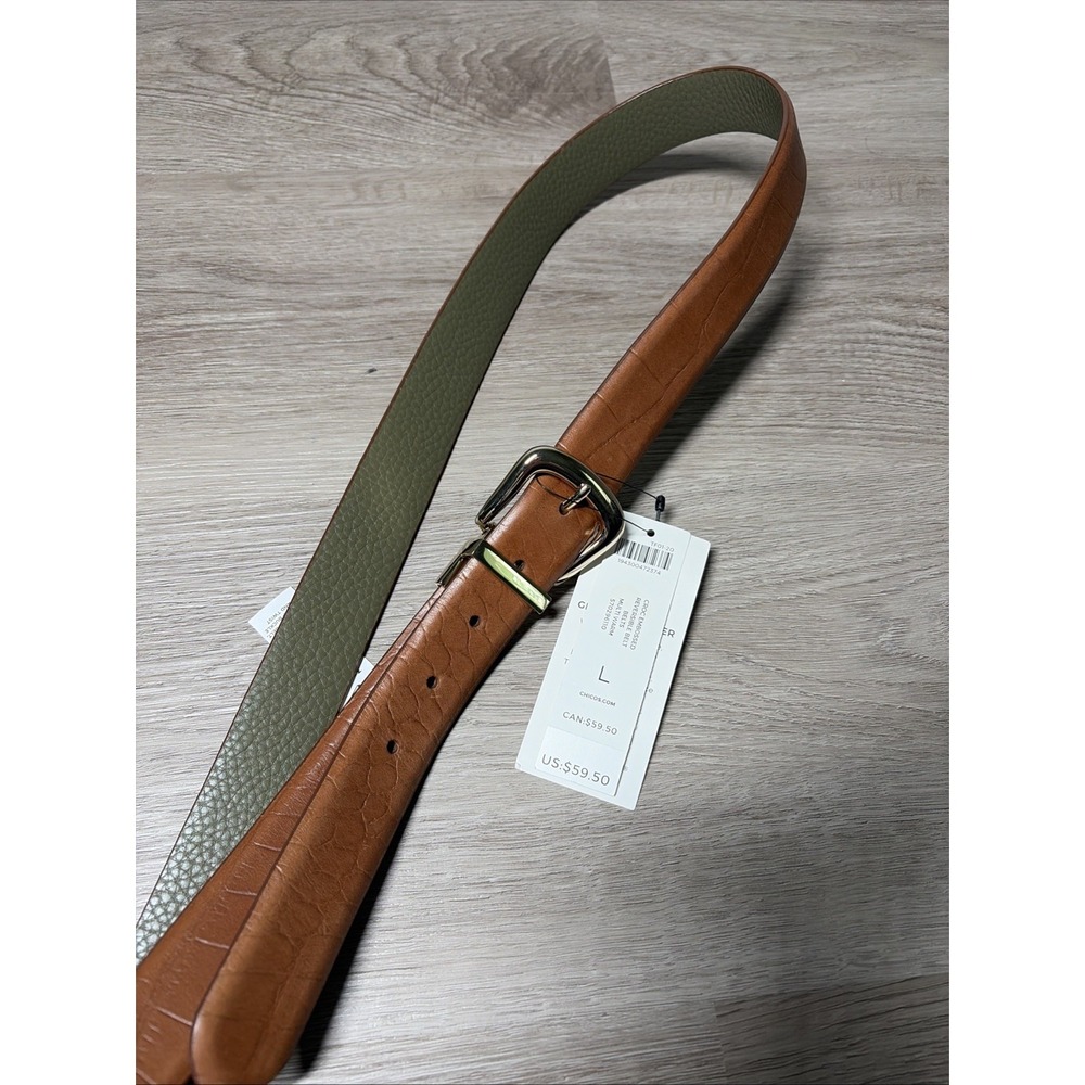 NEW Chico's dark sage green / tan reversible leather belt gold buckle Size L